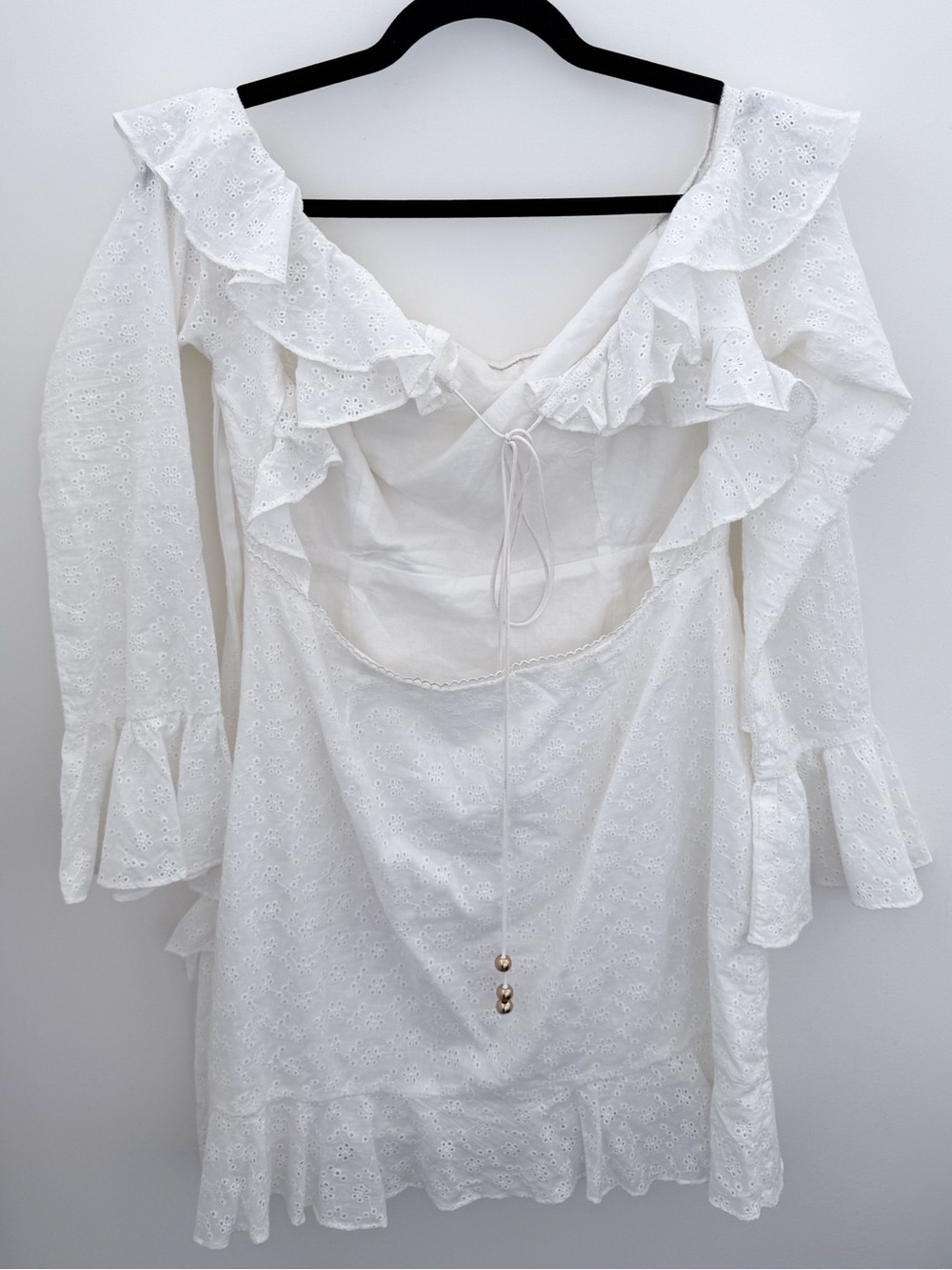SABO LUXE White Eyelet Ruffle Mini Dress | Open Back | 100% Cotton | Size L - Picture 4 of 13